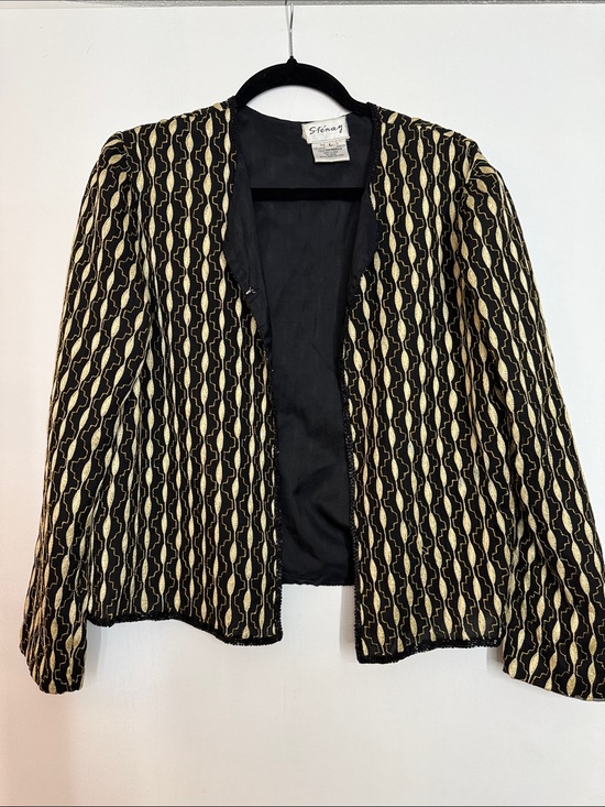 Sténay Jackets & Blazers - St. John Black & Gold Open-Front Patterned Jacket 22” pit to pit
